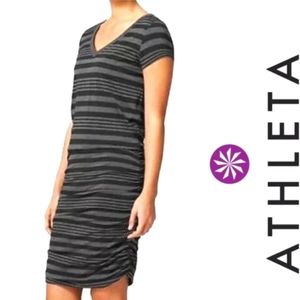 Athleta Topanga Ruched Striped V-Neck T-Shirt Dress Gray/Black Sz: Small
